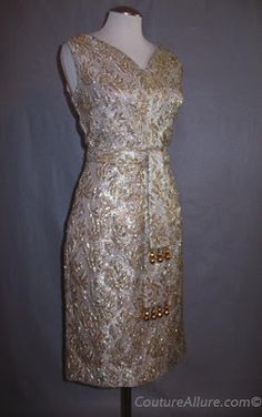 Couture Allure Vintage Fashion: New at Couture Allure - Vintage Party Dresses! Midcentury Fashion, Cocktail Dress Gold, 1999 Fashion, Gold Brocade Dress, Vintage Fashion 50s, 60s Cocktail Dress, Makeup History, Vintage Place, Vintage Attire