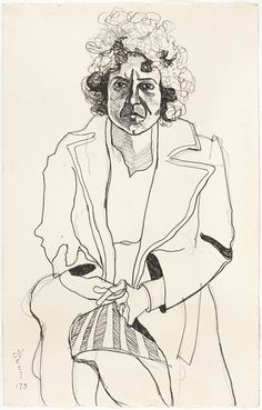 a black and white drawing of a woman with curly hair holding a purse in her hands