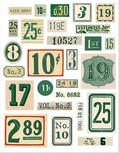 an assortment of green and white numbers, labels, and stickers on a sheet of paper