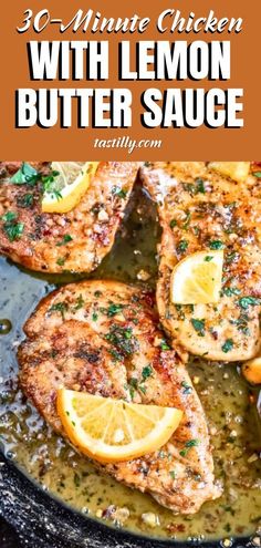 chicken with lemon butter sauce in a skillet