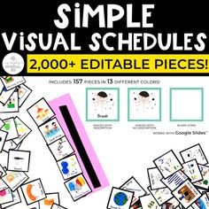 a poster with pictures and words on it that says, simple visual schedules 200 + editable pieces