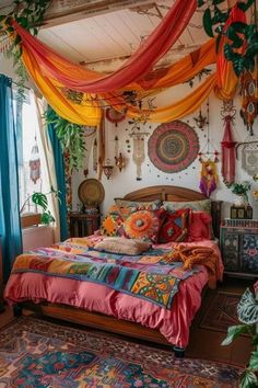 a bedroom decorated in bright colors and hanging decorations