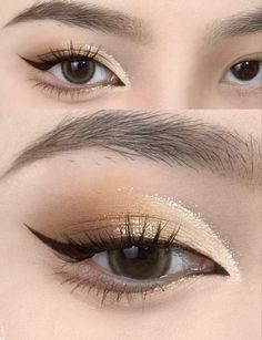 Golden Douyin Makeup, Brown And Gold Eye Makeup, Makeup With Gold, Korean Makeup Trends, Beige Makeup, Golden Eye Makeup, Tato Henna, Douyin Makeup, Doll Eye Makeup