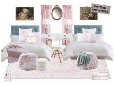 a bedroom with pink and white decor on the walls, bedding, rugs and pillows