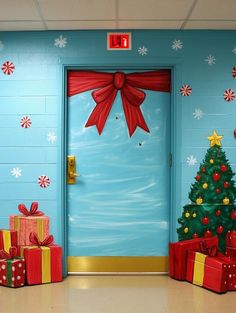 a door decorated with presents and a christmas tree