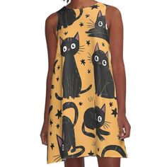 Loose-fit, mid-length sleeveless dress with silky handfeel. Printed on both sides. Machine washable. Size range XS-2XL. Black Cute Cat Patterns Casual Sleeveless Halloween Dress, Cat Print Dress, Woven Dress, Cat Pattern, Pet Bandana, Mid Length, Dress Fabric, Cute Cat, A Line Dress