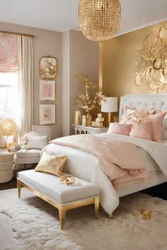 a bedroom decorated in pink and gold with white furniture, chandelier and bedding