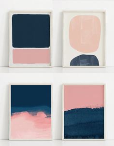 four paintings with different shades of pink, blue and black in them on a white wall