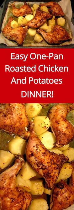 chicken and potatoes in a pan with the words easy one - pan roasted chicken and potatoes dinner