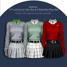 three women's sweaters with pleated skirts are shown in four different colors