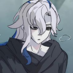 an anime character with white hair and blue eyes wearing a black hoodie looking at the camera