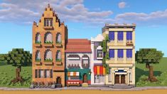 Minecraft Street Building, Minecraft Downtown Buildings, Minecraft City Street, Minecraft City Center, Minecraft Street Ideas, Minecraft City Builds, Minecraft Townhouse, Minecraft Town Square