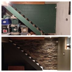 there are two pictures of the same room in this house, one has stairs and the other has a green wall