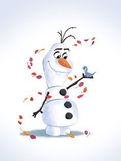 a cartoon snowman holding a blue bird in his hand and throwing autumn leaves around him