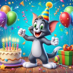 a cartoon cat celebrating his birthday with balloons and confetti