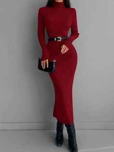 Rotbraun Elegant Collar Langärmelig Stoff Einfarbig  Embellished Leicht-dehnbar Turtleneck Sweater Dress, Fall Style, Pretty Dresses, Red Dress, Sweater Dress, Autumn Fashion, Turtle Neck, Fashion Outfits, Celebrities