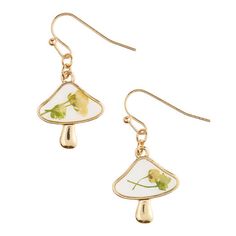 A fresh finish to your everyday look, our exclusive mushroom drop earrings are made with natural yellow dried and pressed flowers set inside clear resin. Designed with gold settings in a whimsical fungi shape, they're a one-of-a-kind adornment with subtle, special variation in each tiny flower. They also make a unique and uplifting gift for a loved one on any occasion. Maple Leaf Earrings, Necklaces And Bracelets, Earrings Rings, Pressed Flower, Rings Necklaces, Jewelry Inspo, World Market, The Gold, Boutique Jewelry