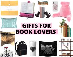 the words gifts for book lovers are in pink and black, with images of books on them