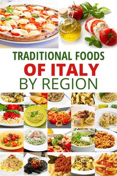 the cover of traditional foods of italy by region, with pictures of different types of food