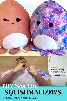 two stuffed animals sitting next to each other with the words diy sea life squismallows on them