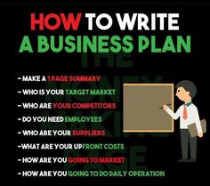 a man writing on a board with the words how to write a business plan in it