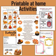 printable thanksgiving activities for kids to do at home with turkeys and pumpkins