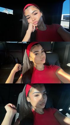 three different pictures of a woman with long hair and wearing a red shirt, sitting in the back seat of a car