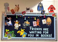 a bulletin board that has pictures and words on it with an image of children's books