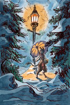 a drawing of a person holding an umbrella in the snow near a lamp post and pine trees