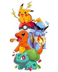 the pokemon characters are all different colors and sizes, but one is in front of them