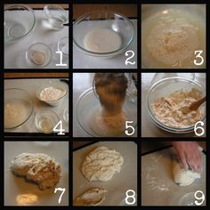 the steps to making bread are shown in several different pictures, including dough and flour