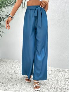 F00208837-103 Non-stretch Blue Bottoms For Summer, Casual Blue Pants With Pockets, Casual Denim Blue Trousers, Casual High Waist Blue Pants, Casual Bottoms With Belt Loops, Casual Long Pants With Belt Loops, Blue Wide-leg Jeans, Casual High-waisted Solid Color Bottoms, Casual High-waisted Solid Color Pants