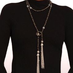 Brand New Without Retail Packaging Or Dust Bag. So Many Ways To Wear This Lariat Because It's Just Gorgeous, Gorgeous, Gorgeous! Retail: $495 Shell Based Pearl In Gun Metal Silver Tone Plated Brass Crystal Accent And Chain Tassles. Dimensions 64" Adjustable Rope Elegant Lariat Necklaces Hand Knotted, Elegant Hand-knotted Lariat Necklaces, Luxury Silver Long Necklace, Luxury Long Silver Necklace, Elegant Hand Knotted Lariat Jewelry, Elegant Tassel Necklace For Party, Elegant Long Tassel Necklace, Silver Bohemian Lariat Tassel Necklace, Elegant Silver Beaded Tassel Necklace