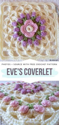 crochet pattern for an eye's coverlet with flowers and leaves on it