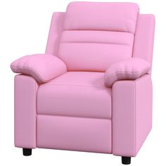 a pink recliner chair with two pillows on the armrests and back rest