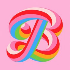 the letter b is made up of multicolored swirls on a pink background