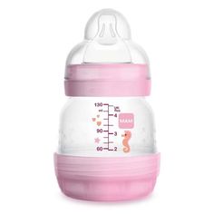 a pink and white baby bottle with a measuring scale on the side, sitting against a white background