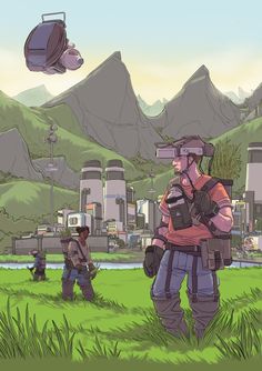 two people are standing in the grass near a city with mountains and buildings behind them