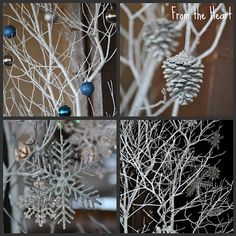 snowflakes and pine cones are hanging from the branches