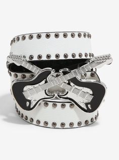 Get riff-ready with this white  faux leather belt! Perfect for the rock star vibe  this belt features two rows of gunmetal-tone studs  plus a dual guitar belt buckle. White Studded Belt, Star Vibe, Unique Belts, Belts Aesthetic, Guitar Belt, Goth Belt, Studded Belts, Stud Belt