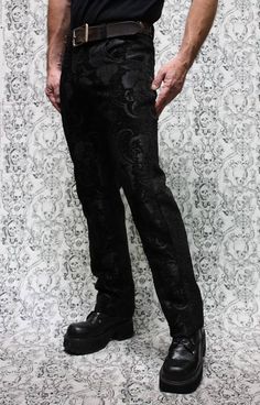 Awesome bohemian rocker pants with a classic straight leg cut for every day or for special occasions. Made in rich soft black tapestry fabric with a medium rise waist and wide belt loops. Two front pockets and two back pockets with a zip fly. Black satin pocket lining inside. These run long.. have them hemmed if necessary. Comes in sizes 30,32,34,36,38,40. Sweeeet! Actual measurements: Size 30 = Waist 31.5" Inseam Length 34.5 Size 32 = Waist 33" Inseam Length 34.5" Size 34 = Waist 35" Inseam Len Steampunk Clothing, Goth Style, Tapestry Pants, Victorian Male, Halloween Wolf, Black Tapestry, Skull Dress, Nyc Shopping, Tapestry Fabric