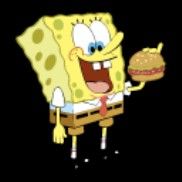 an animated spongebob holding a hamburger in one hand and wearing a tie on the other