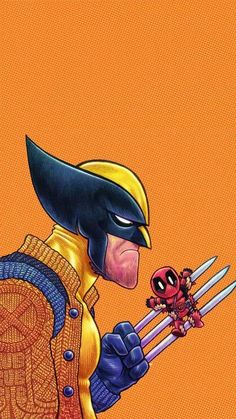 the wolverine and deadpool character is holding two swords in their hands, with an orange background