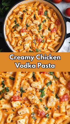 creamy chicken vodka pasta in a skillet with tomatoes and parsley on the side