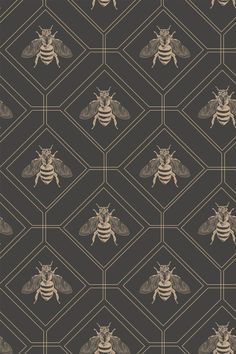 a pattern with bees and honeycombs on a black background in shades of brown