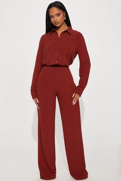 Available In Rust And Hunter. 2 Piece Pant Set Oversized Shirt Collar Button Front Front Pocket Wide Leg Pant Back Elastic Waistband Stretch 33" Inseam 100% Polyester Imported | Makenzie Pant Set in Rust size Small by Fashion Nova 2 Piece Pant Set, Women Professional Attire, Business Professional Attire, Hot Pink Fashion, Professional Attire, Wide Leg Pant, Braids For Black Hair, Curve Dresses, Pant Set