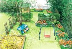 a painting of a garden with a blue bench and red swing set in the foreground