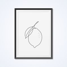 a black and white drawing of a lemon on a light gray background with a dark frame