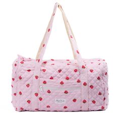 Introducing the Strawberry Large Duffel Bag – a spacious carry-all with a convenient zippable front pocket, designed to make a statement wherever life takes you.    The quilted exterior features a beautiful strawberry-themed pattern, complemented by a classy pink gingham interior.     Perfect for extended trips, weekend getaways, or as a chic gym companion, the Strawberry Large Duffel Bag effortlessly combines fashion and functionality.    Size: 20" x 12" x 11" (50cm x 30cm x 28cm) Brandy Duffle Bag, Coquette Duffle Bag, Weekender Bag Aesthetic, Duffel Bag Aesthetic, Cute Duffel Bags, Rush Bag, Cute Pink Bag, Gingham Interior, Chic Gym