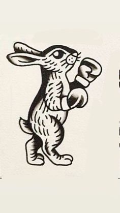 a black and white drawing of a rabbit with boxing gloves in its paws, holding a punching glove